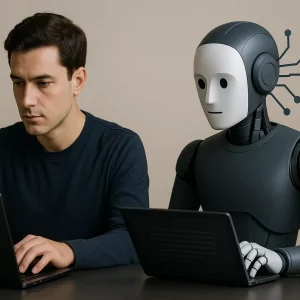 Menschlicher Journalist und KI-Roboter arbeiten nebeneinander an Laptops – Symbolbild für den Wettbewerb KI vs. menschliche Redaktion in Startup-Medien.