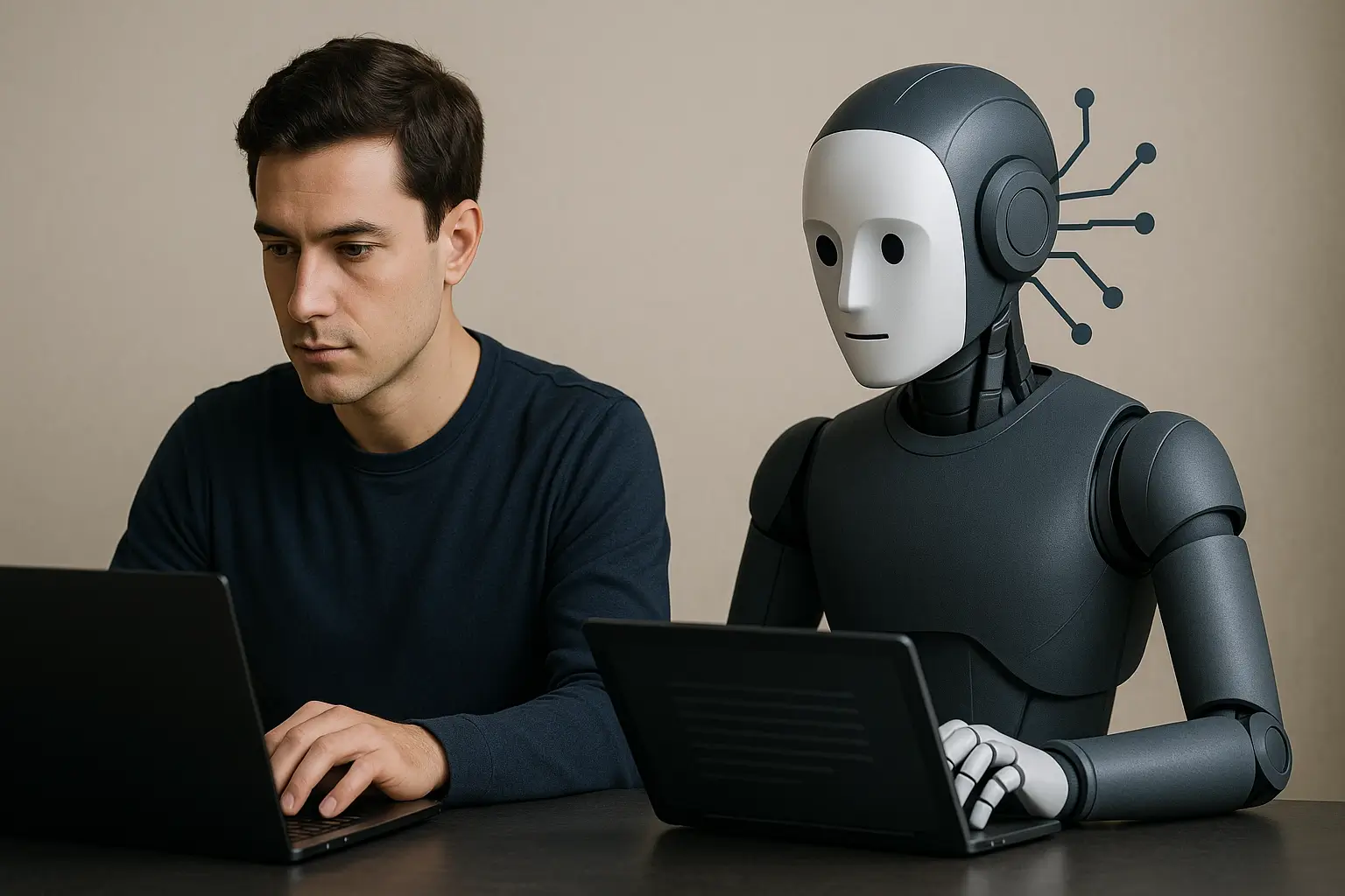 Menschlicher Journalist und KI-Roboter arbeiten nebeneinander an Laptops – Symbolbild für den Wettbewerb KI vs. menschliche Redaktion in Startup-Medien.