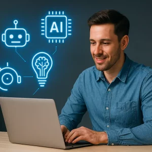 Kostenlose KI-Tools für Gründer – Laptop mit KI-Symbolen im Startup-Büro