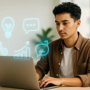 Künstliche Intelligenz für Gründer: Gründer:in am Laptop mit KI-Symbolen