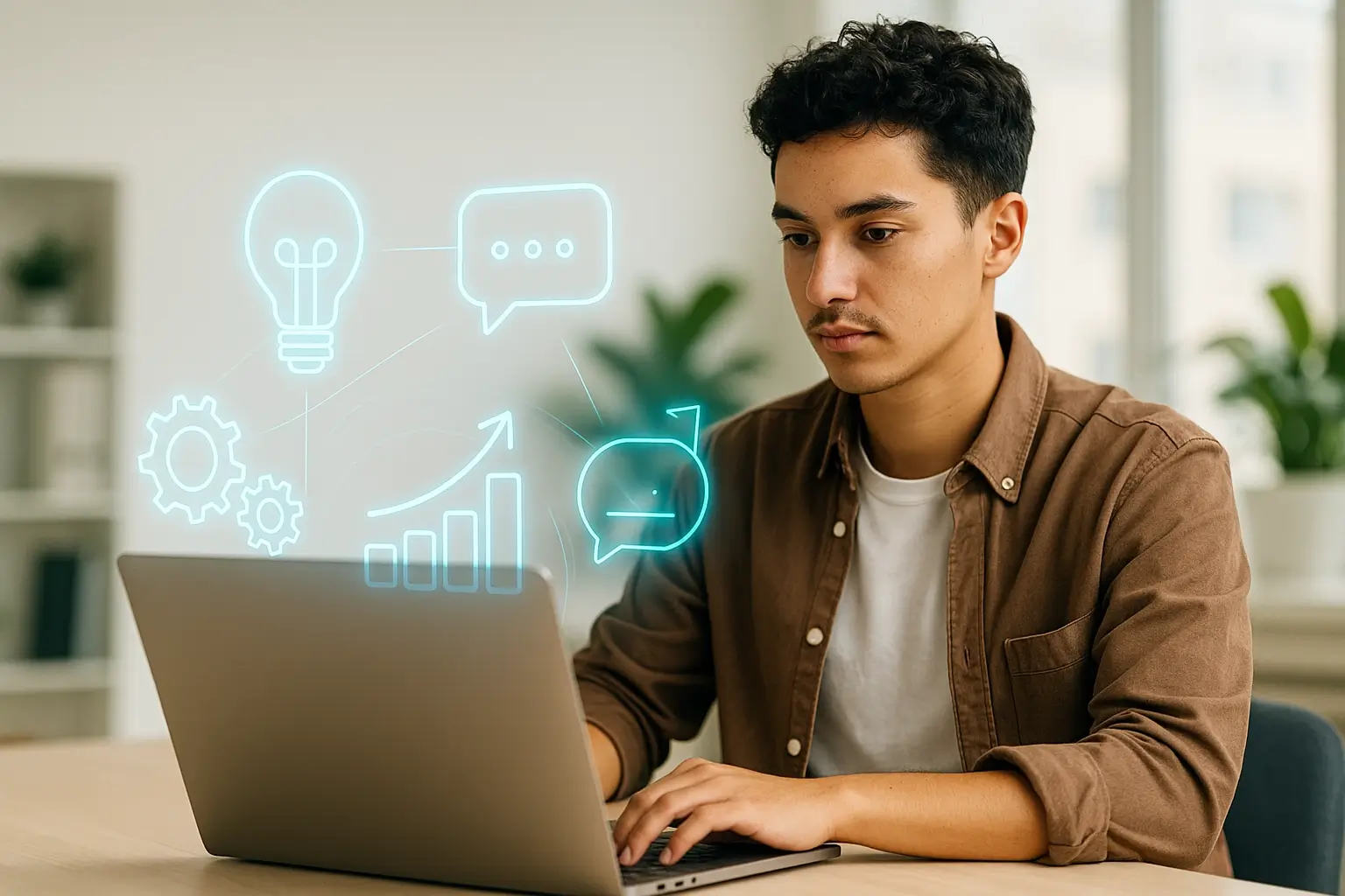 Künstliche Intelligenz für Gründer: Gründer:in am Laptop mit KI-Symbolen