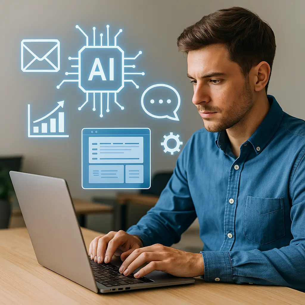 Gründer arbeitet am Laptop, umgeben von KI-Symbolen für Marketing, Automatisierung und Finanzen – Darstellung der 25 KI-Use Cases für Gründer.