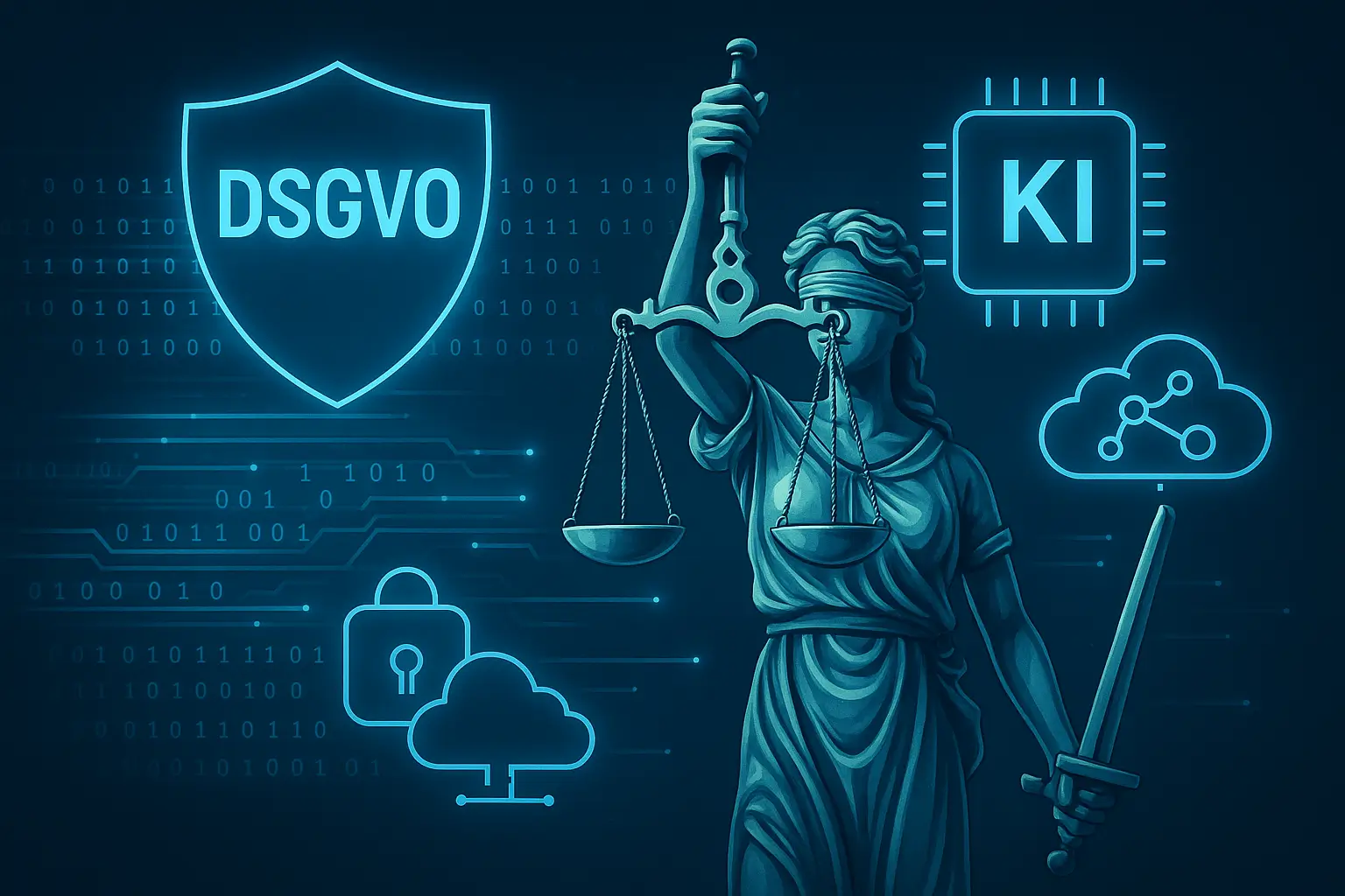 DSGVO KI – Justitia mit digitalen Symbolen und Datenströmen
