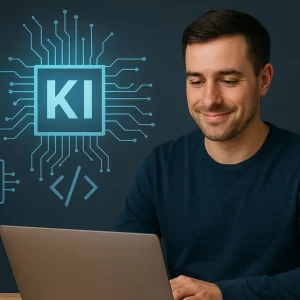 Junger Mann am Laptop mit KI-Glossar Symbolen im Hintergrund