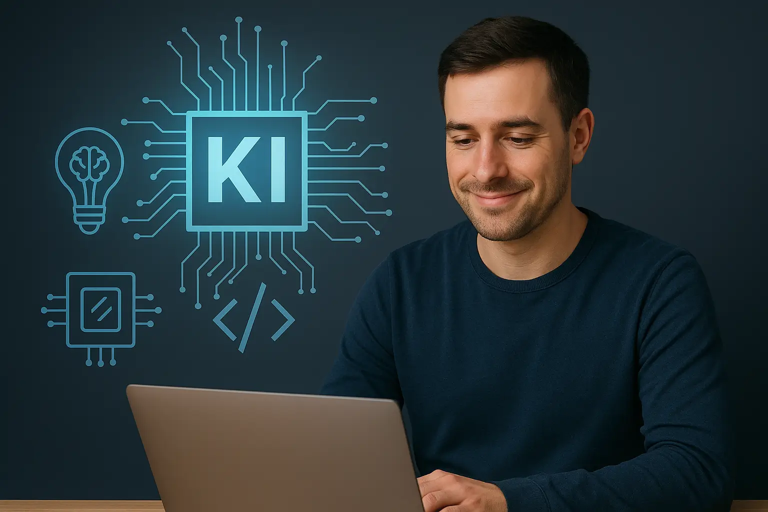 Junger Mann am Laptop mit KI-Glossar Symbolen im Hintergrund