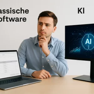 Gründer überlegt zwischen KI-Dashboard und klassischer Software