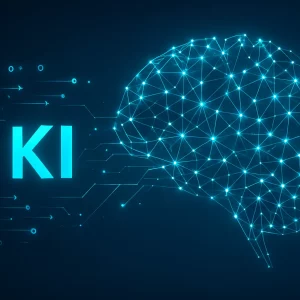 Wie funktioniert Künstliche Intelligenz – abstraktes neuronales Netz in Form eines Gehirns mit Datenströmen