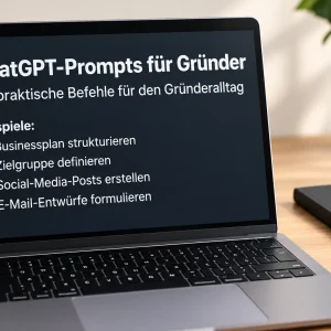Laptop mit ChatGPT FAQ für Gründer auf dem Bildschirm.