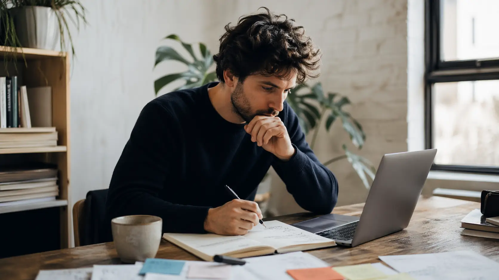 Authentische Arbeitsszene mit Laptop, Notizen und Kaffee als Bild für echte Erfahrungen und Lernprozesse von Gründern
