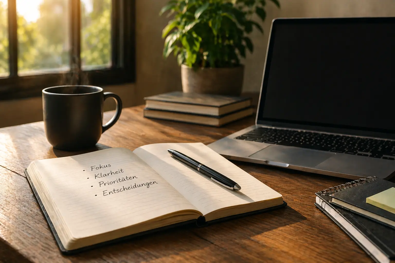 Notizbuch mit den Worten Fokus, Klarheit, Prioritäten und Entscheidungen auf einem Schreibtisch neben Laptop und Kaffeetasse