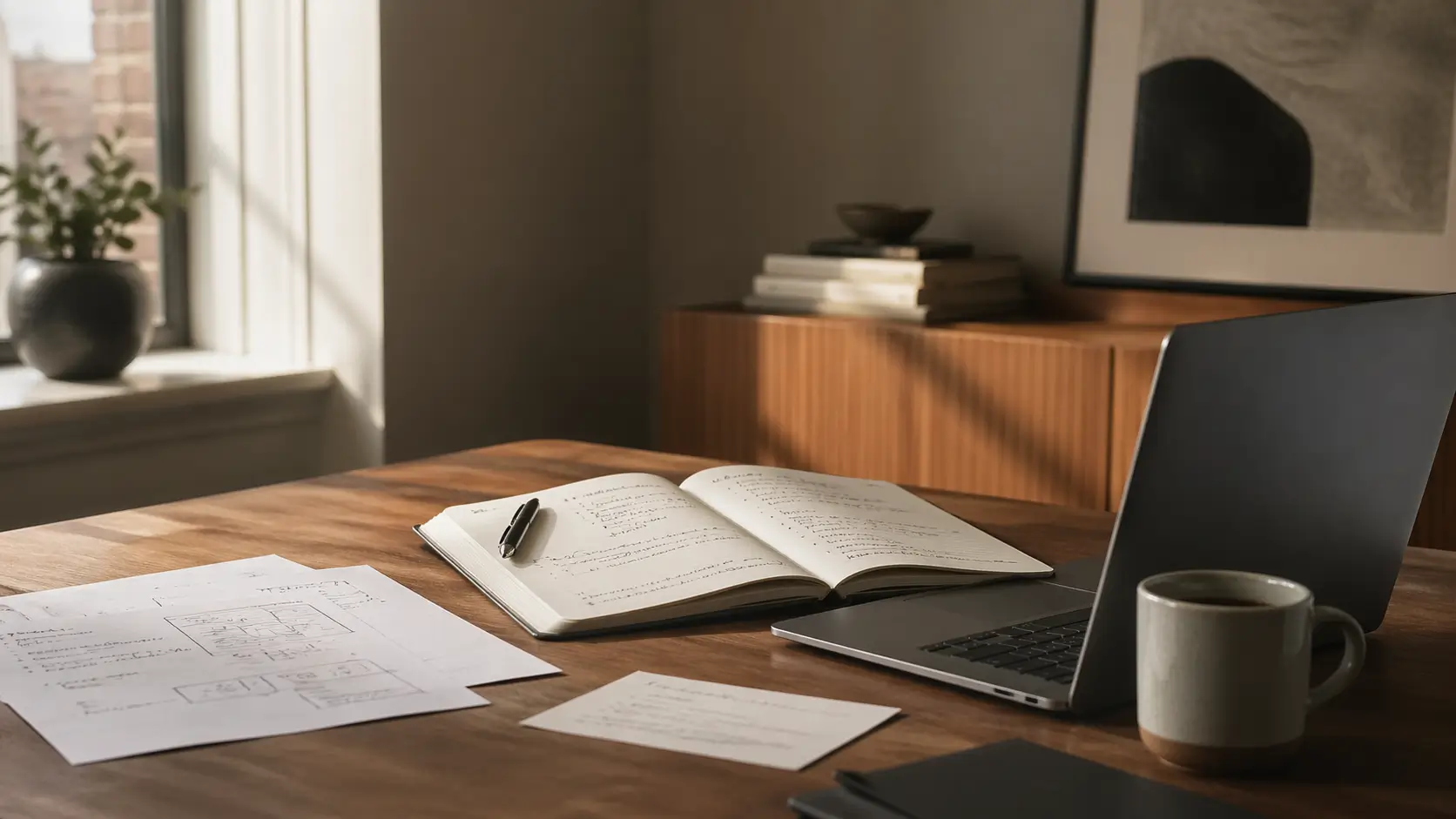 Klarer Arbeitsplatz mit Laptop, Notizen und Planungsunterlagen als Bild für hilfreiche Tipps für Gründer