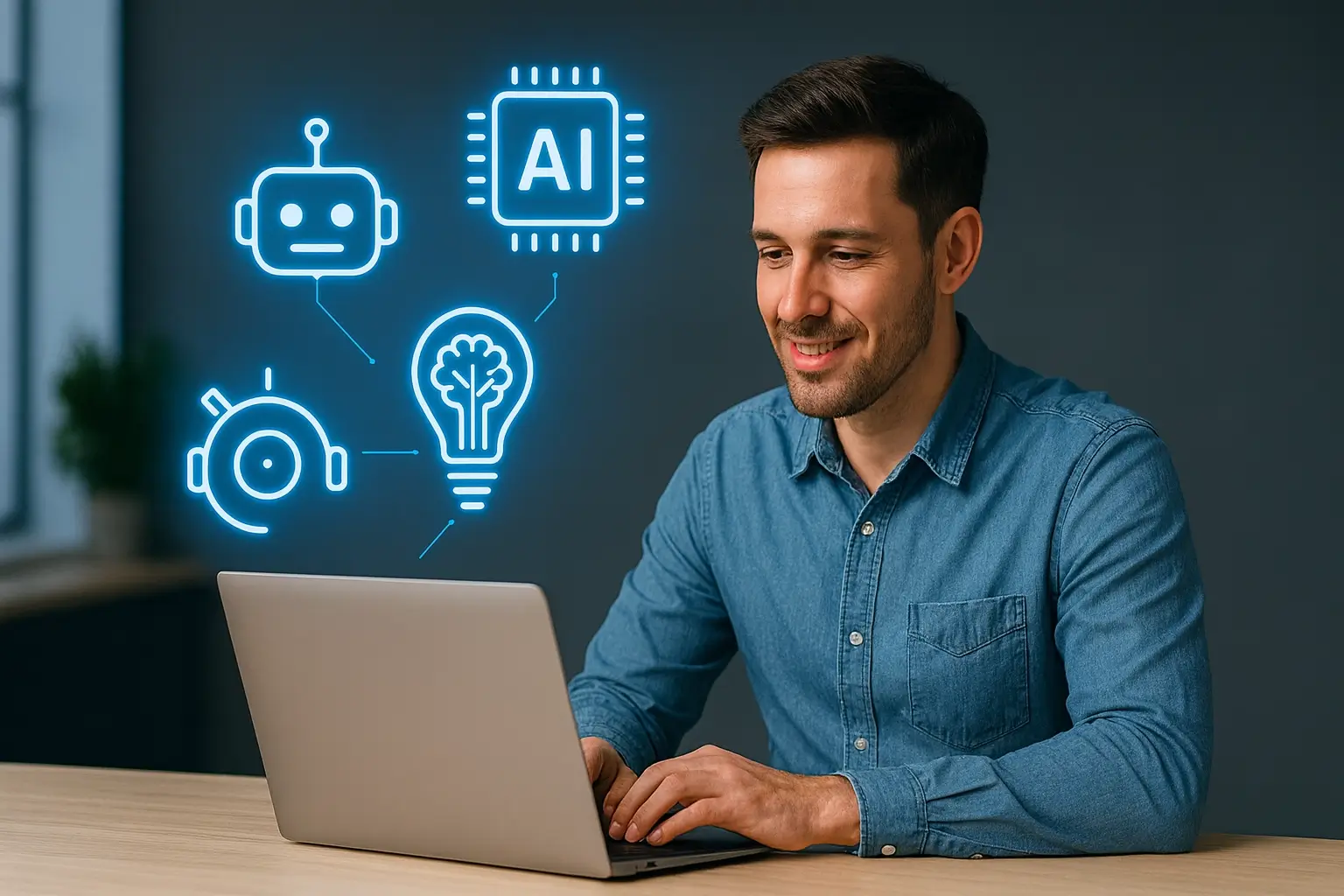 Kostenlose KI-Tools für Gründer – Laptop mit KI-Symbolen im Startup-Büro