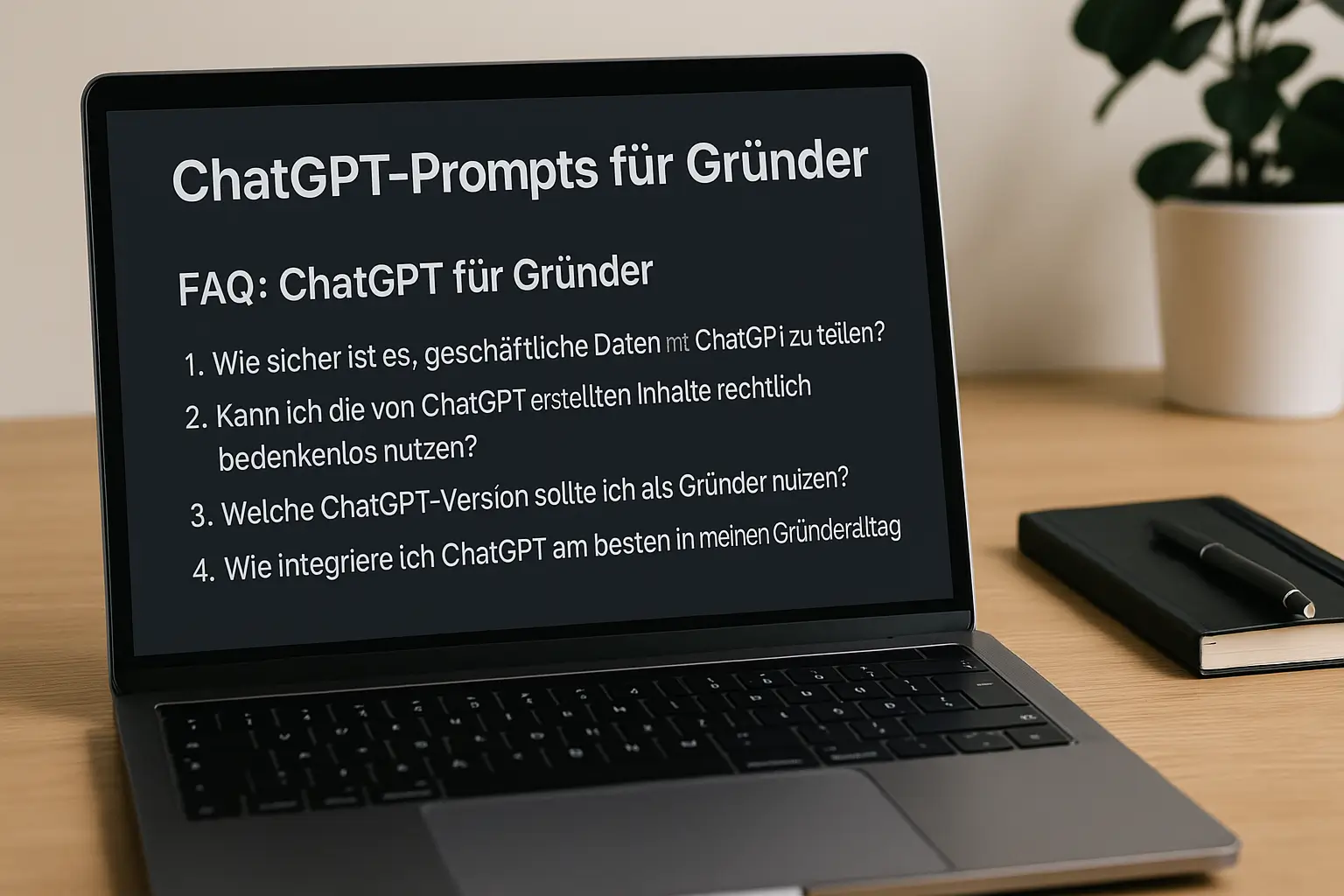 Laptop mit ChatGPT FAQ für Gründer auf dem Bildschirm.