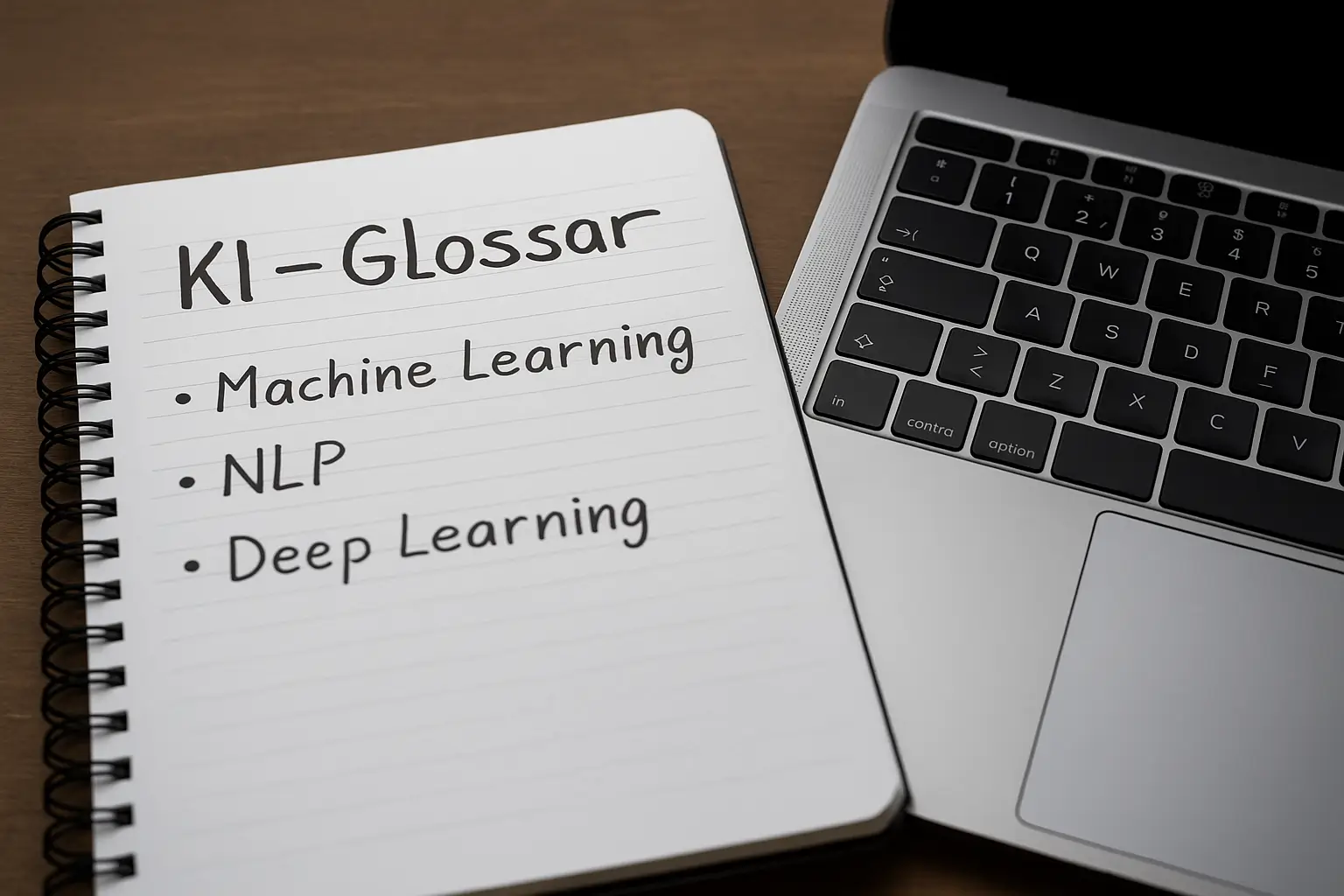 KI-Glossar Begriffe in Notizbuch neben Laptop